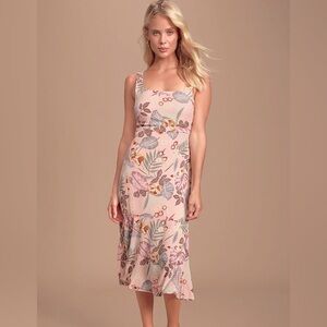 Island Sun Blush Pink Tropical Print Tie-Back Midi Dress
